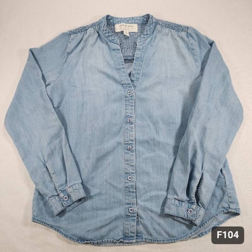 Cloth and Stone Anthropologie Chambray Button-Down Blouse Smocked XS